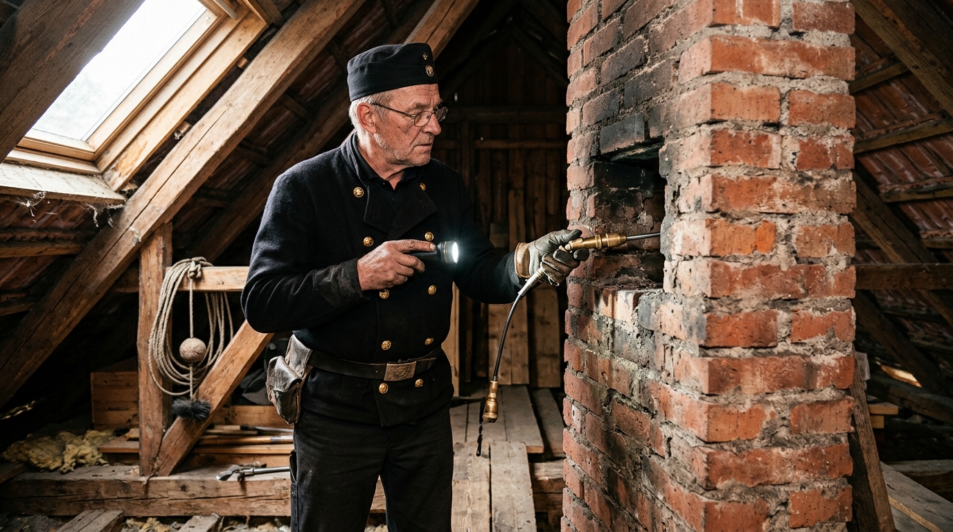 Fachmann prüft alten gemauerten Schornstein in einem Altbau vor der Wiederinbetriebnahme
