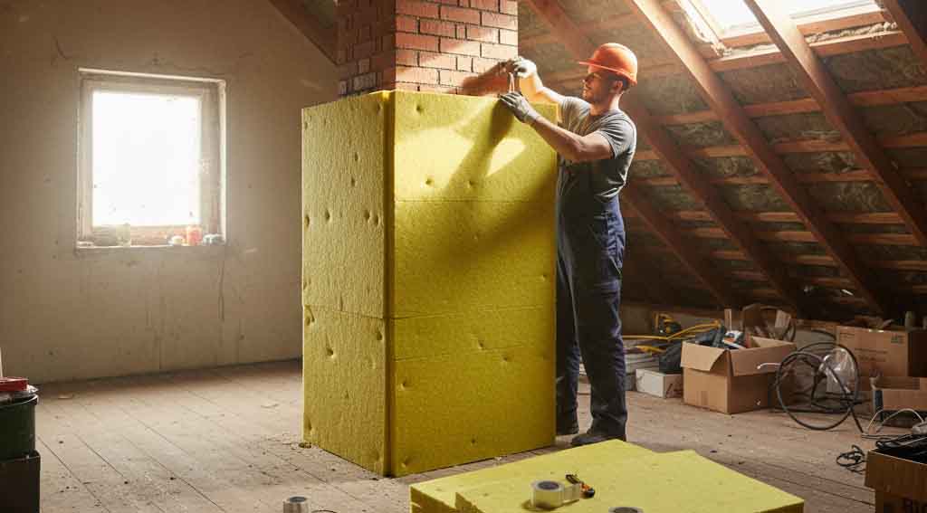 Schornstein-Isolierung am Dachboden zur Vermeidung von Wärmeverlusten