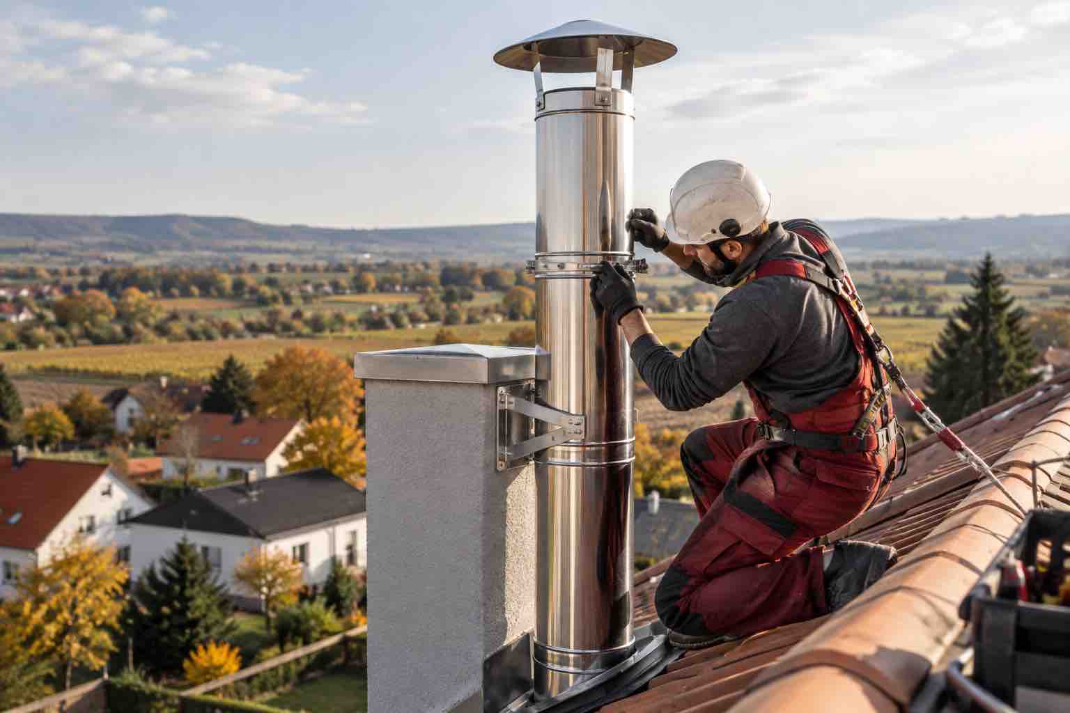 Edelstahlkamin an einem Wohnhaus in Neufeld an der Leitha